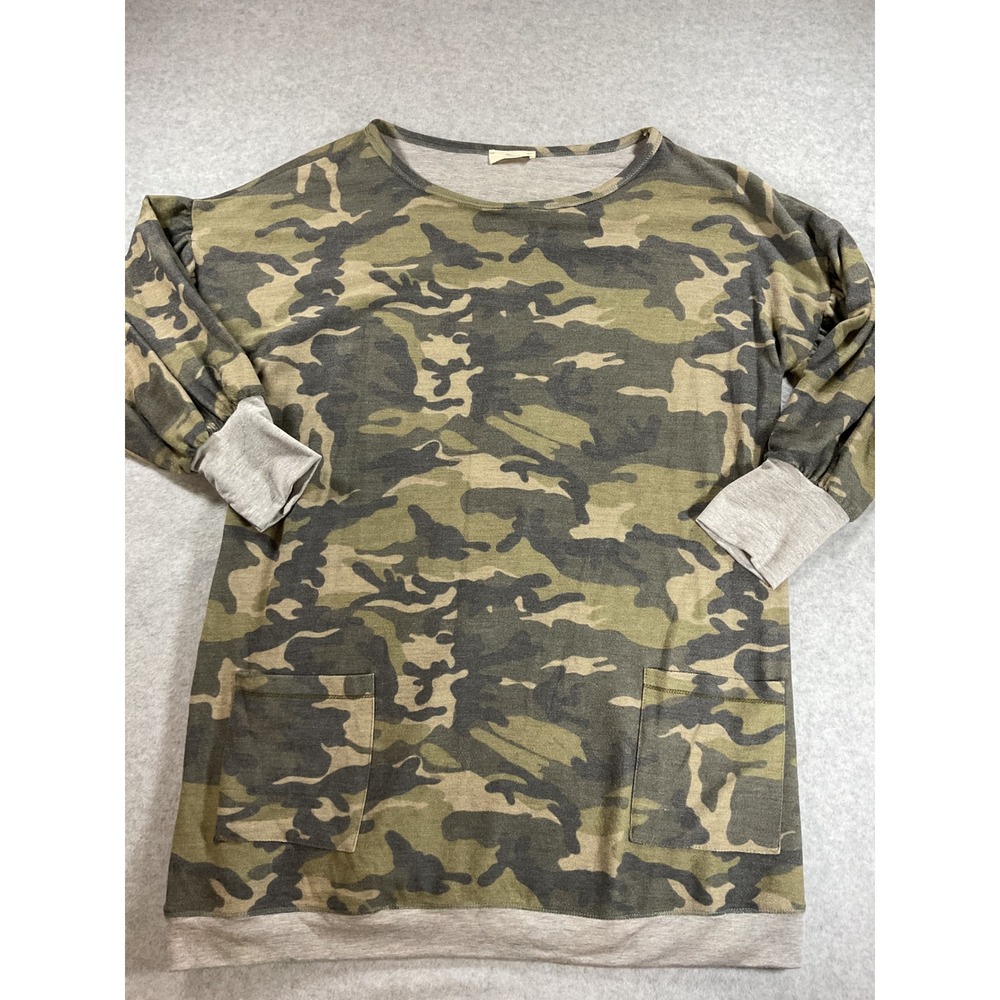 Hummingbird Camo Tunic Top Womens Large Green Camouflage Puff Sleeve 1802